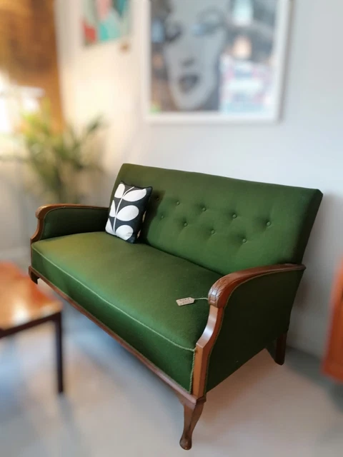 Antique, Vintage Green/Wooden Teak Danish 2 seater Sofa, with carved arm detail.