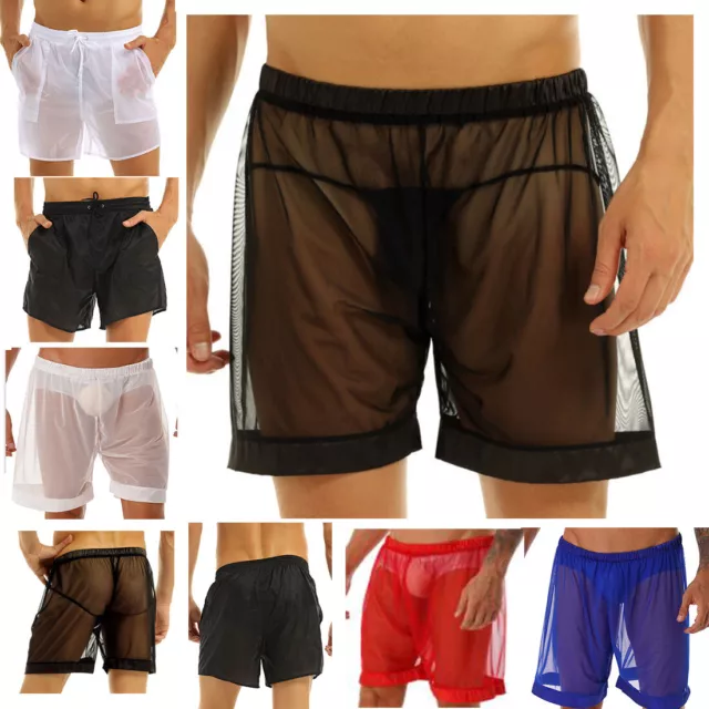 US Men's Mesh Shorts Sexy Hollow Boxer Underwear See Through Swimsuit Beachwear