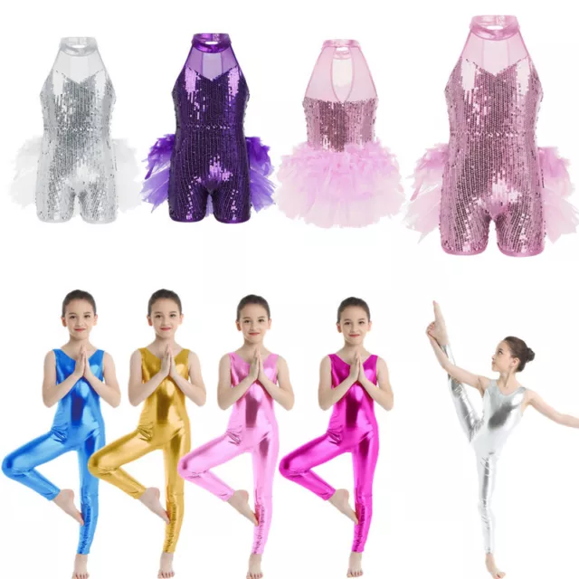 Kids Girls Gymnastics Jumpsuit Ballet Jazz Sequins Dance Dress Leotard Costume