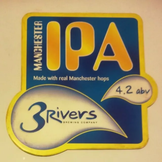 3 RIVERS brewery MANCHESTER IPA real ale beer pump clip badge front CLOSED
