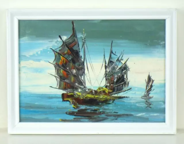 Small Framed Vintage Retro Oil Painting Junk Boats Hong Kong  14.5 Cm X 20 Cm