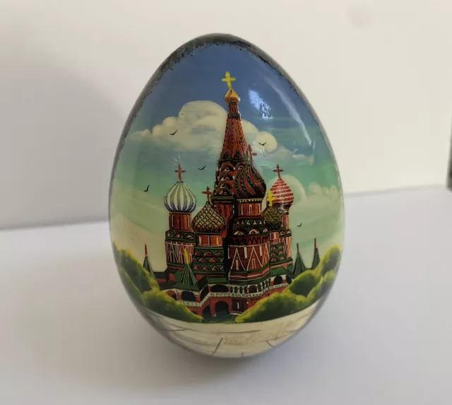 Russian Handpainted Lacquered Wood Egg, 4.5”, Onion Skin Cathedral