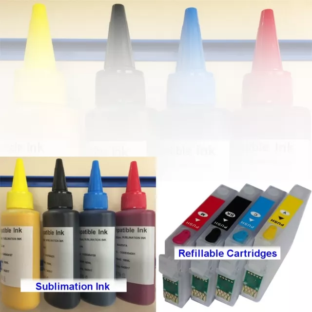 Encre De Sublimation 4*100 Ml + Cartouches Rechargeables Epson Wf 2010W Non Oem