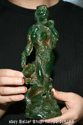 9.2" Old Chinese Green Jade Carving Beautiful woman Belle Lotus Statue Sculpture