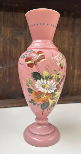 *99p No Reserve * Antique Victorian Pink Opaline Hand-Painted Glass Vase