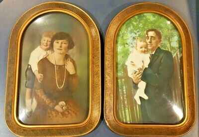 Vintage SET of 1920’s Art Deco Wood Ornate Frame Portraits Convex Bubble Glass