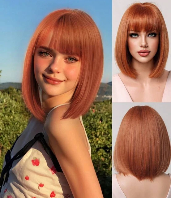 Perruque Synthétique Rousse Courte Avec Frange - Ondulée, Bonnet Monofilament, Neuf Sans étiquette