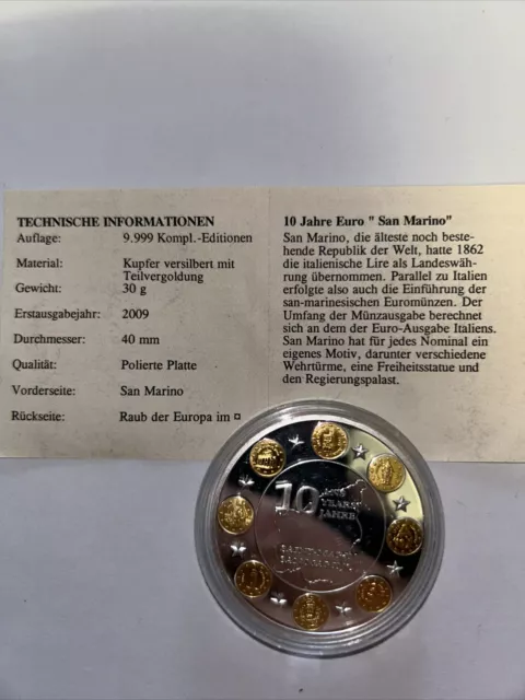 Medaille Münze 10 Jahre Euro San Marino Versilbert Teilvergoldet