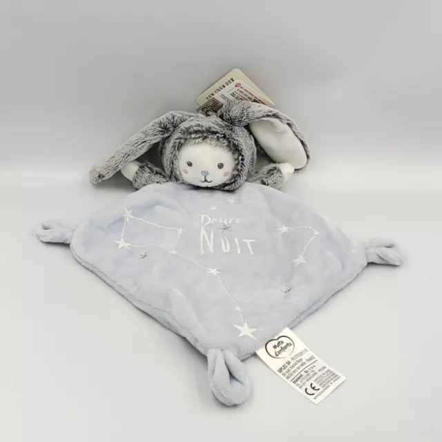 Doudou plat phosphorescent lapin ours gris bleu blanc étoiles Douce nuit MOTS D'