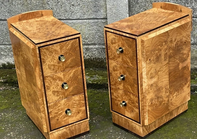 Superb Pair Of Art Deco Walnut  Bedside Chests Amazing Veneers London Maker