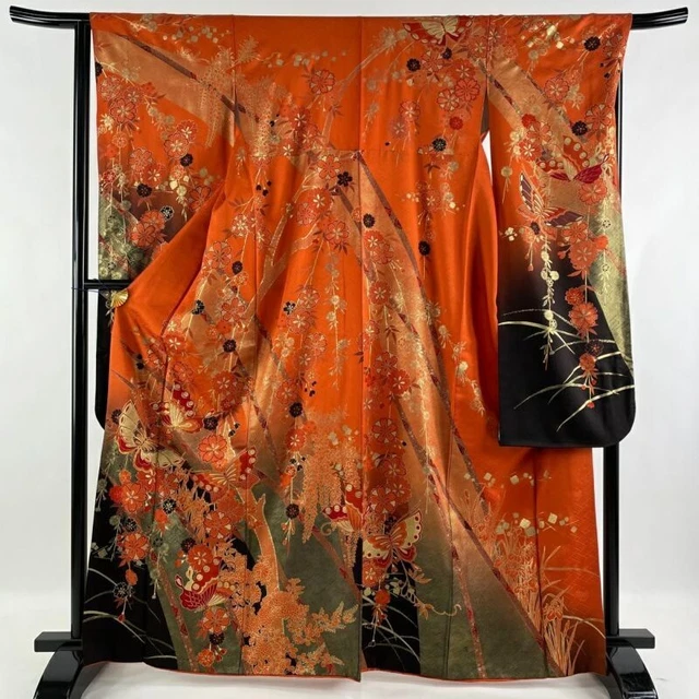 Woman Japanese Kimono Furisode Silk Butterfly Flower Gold Thread Foil Orange
