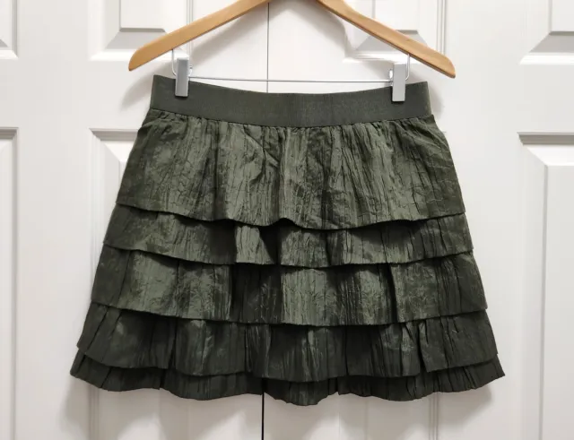 Women's J. Crew Olive Green Habotai Crinkle Silk Tiered Ruffle Mini Skirt Sz 6