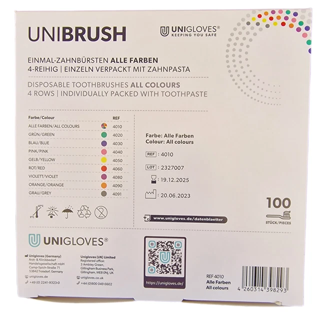 Spazzolini monouso con dentifricio Unibrush colorato misto 100 pz viaggio in viaggio