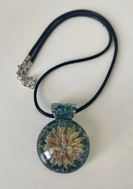 Glass Pendant Floral Flower Translucent Bubbles Blue Necklace READ DESCRIPTION