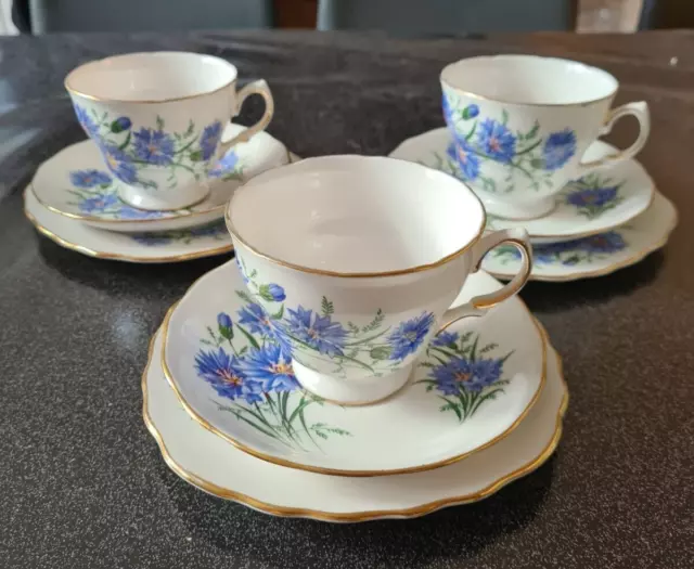 Royal Vale Cornflower Bone China 3 X Trios (Cup, Saucer, Plate) – 9 Pieces