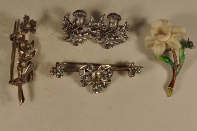 4 Broches Anciennes Argent Massif Antique Solid Silver Brooches