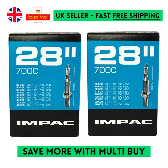 2x Impac Inner Tube 28" INCH 700c 28/47-622/635 Presta Valve Hybrid Bike