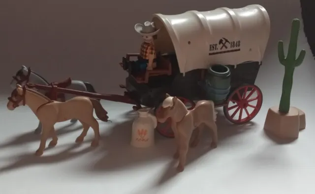 Playmobil 1848 Covered Wagon Playset Wild West Cowboy Horses Bandit See Descrip.