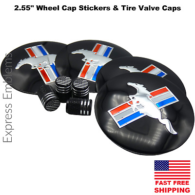 2.55" / 65mm FORD MUSTANG Wheel Center Hub Cap Sticker Decal AND Tire Valve Caps