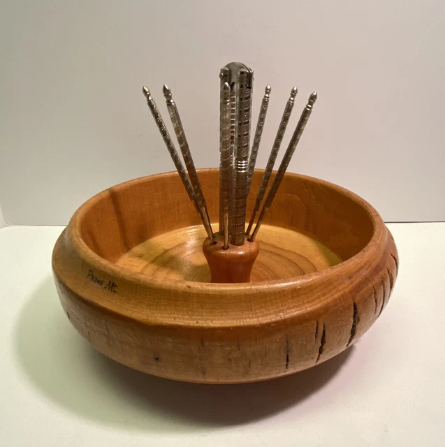 Vintage Nut Bowl Nutcracker 6 Picks Set MCM Wood Tree Bark Dish Rustic Christmas