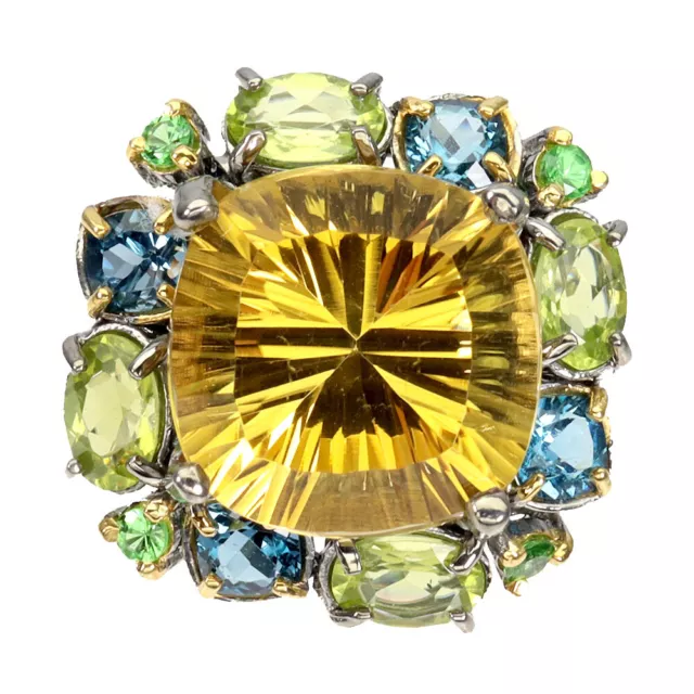 Handcrafted Unheated Cushion Citrine 13ct Peridot Gems 925 Sterling Silver Ring