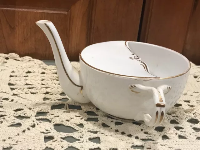 Antique Medical Porcelain Invalid/Infant Feeder Pap Boat Flat Top Gold Design