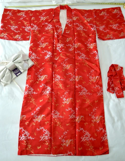 Japanese Kimono w Tie & Obi Bow Red Silk Gold & Silver Flowers VTG ‘60s Pristine