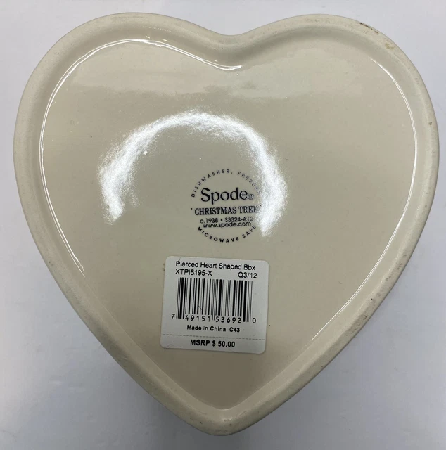 SPODE Christmas Tree Pierced Heart Shaped Porcelain Trinket Jewelry Box w/Lid 5
