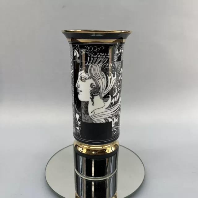 Vintage Hollohaza Endre Szesz Surreal Black Gold Woman Moon ￼Porcelain Vase 8”