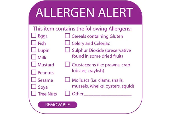 Roll of 500 food allergen allergy warning safety sticker labels in dispenser box