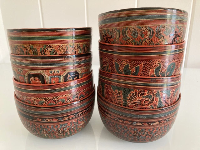 Lacquered Handmade Burmese bowls, set of 8