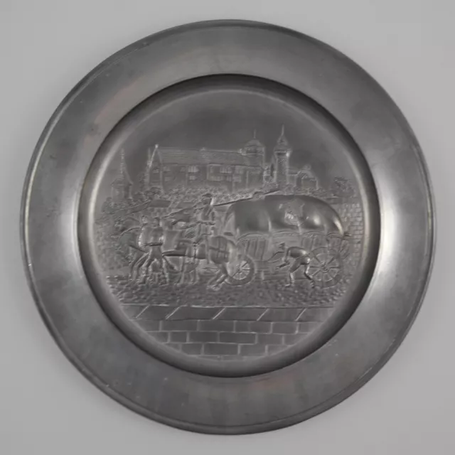 Zinnteller Burg Pferde Kutsche Ritter - Teller aus Zinn - Tin Plate Vintage