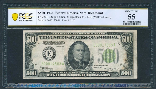 1934 $500 Dollar Bill Scarce Light Green Seal Richmond Note PCGS-B AU 55 Comment