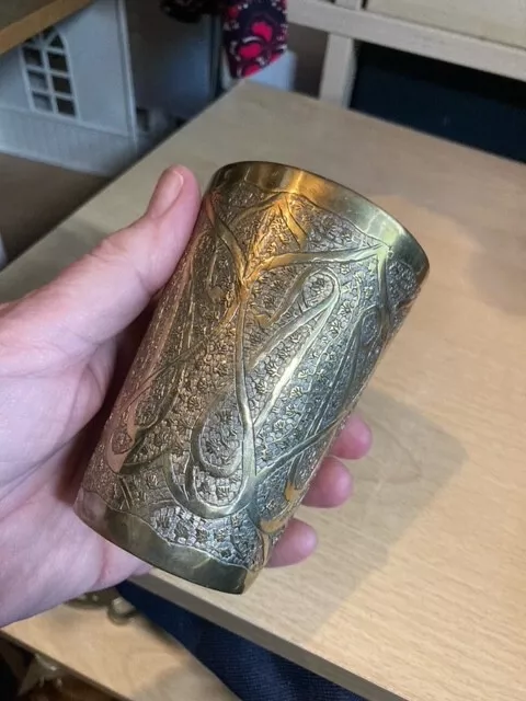 Persian Islamic middle eastern Calligraphy Style Brass Cup 9.6cm