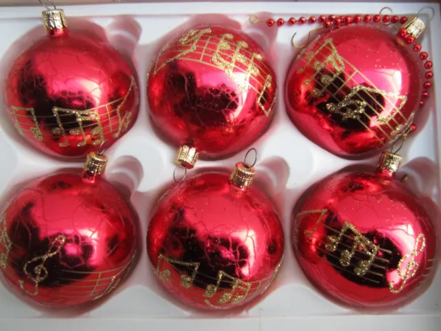 6 bright red Christmas tree spheres with gold glittering note lines 70s 7cm