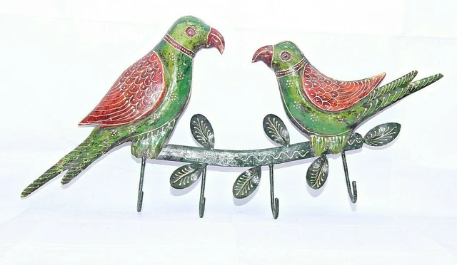 4 Hooks Big Colorful Parrot Design Painted Wall Iron Hand Crafted Hanger