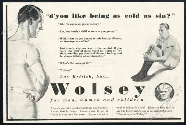 1931 Wolsey underwear 2 men photo Do You Like Being Cold As Sin? vtg print ad