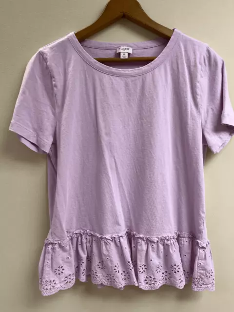 JCrew Womens Ruffled Eyelet Hem Short Sleeve Top Lavender Sz M 100% Cotton