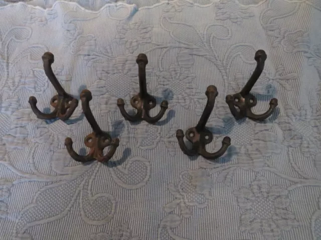 5 Antique Victorian 3-Prong Cast Iron Coat or Hooks with Acorn Finials, 3 In