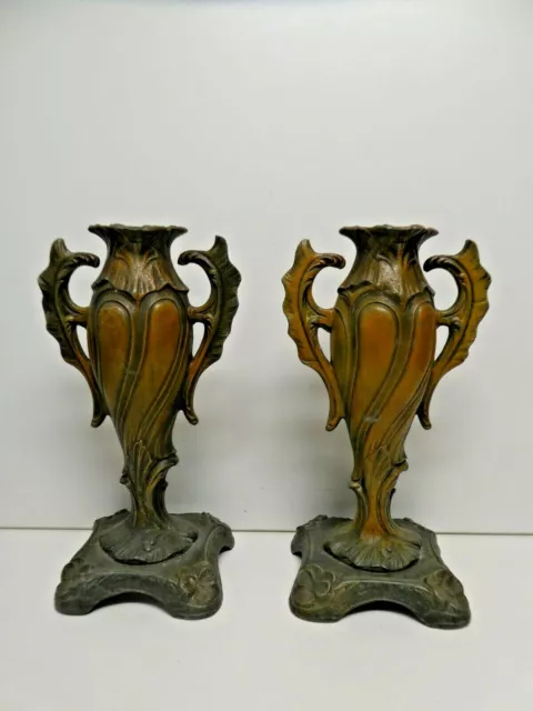 Pair Of Antique Art Nouveau Metal Mantle Vases