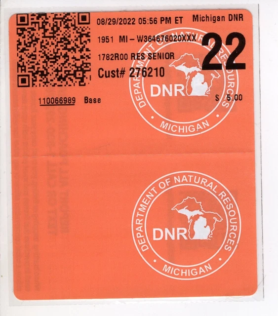 2022 MICHIGAN RESIDENT Sr. Base Hunting Fish License BacktagMichigan