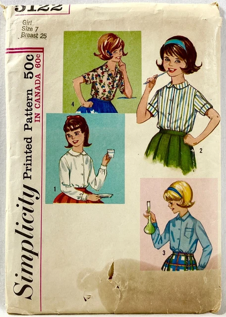 1960s Simplicity Sewing Pattern 5122 Girls Blouses 4 Styles Size 7 Vintage 14508