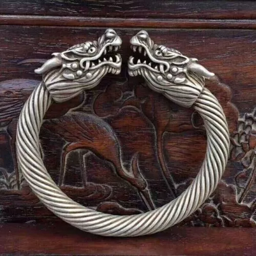 Exquisite Old Chinese tibet silver handcarved double Dragon Bracelets