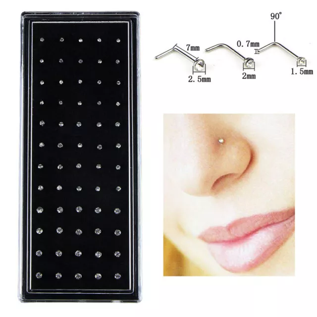 60PCS/Set Stainless Steel CZ Crystal L Shape Nose Ring Body Piercing Stud  I~CR
