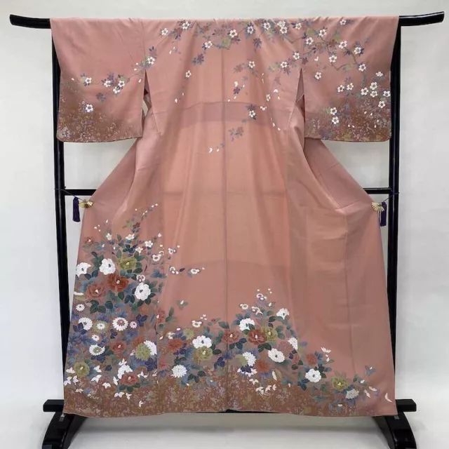 Japanese Kimono "HOUMONGI" Silk L size A rank pink orange chrysanthemum  1157