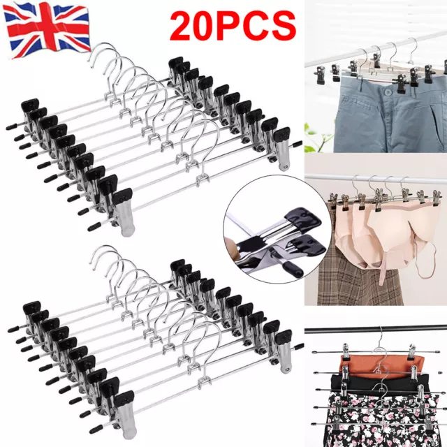 20x Metal Coat Hangers Clothes Closet Pant Trouser Skirt Non-slip Racks w/ Clips
