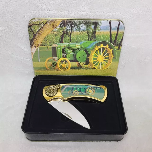 John Deere Tractor 8" Steel Pocket Knife w/ Decorative Tin Display Case