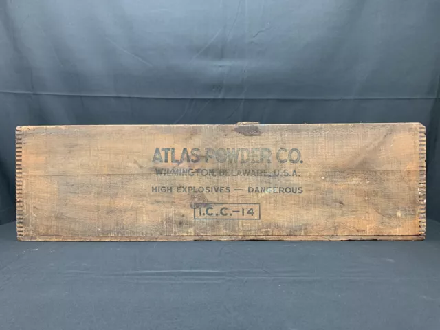 VTG Atlas Powder Company 50LB Wooden Dynamite Box Wilmington Delaware - 7.5 x 29