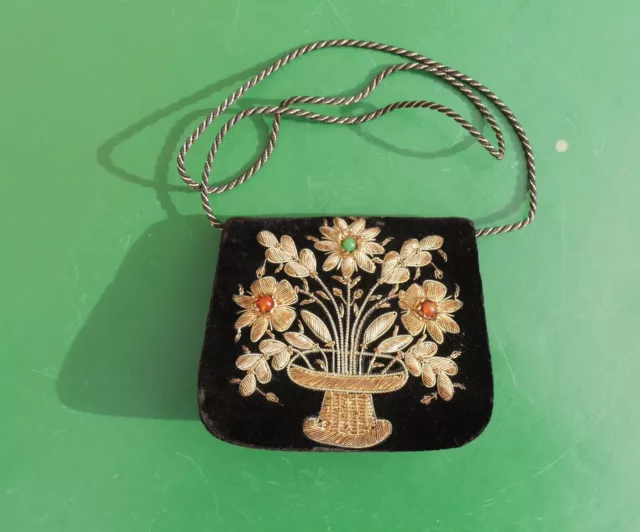 Petit Sac Pochette Bal Femme Ancien Velours Brode Verre Corbeille Fleur Soiree