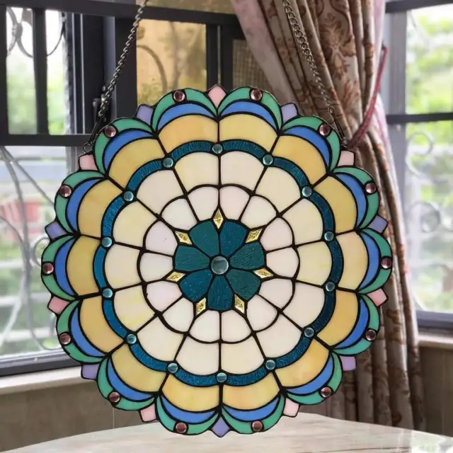 Blue Green Tiffany Style Round Stained Glass Window Panel Suncatchers 18in